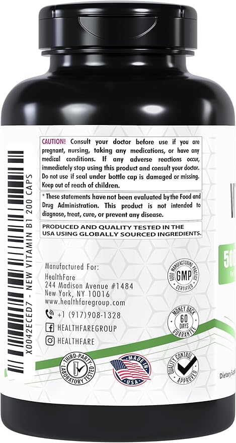 Vitamin B1 500mg | 200 Veg Capsules | Thiamine Supplement | Supports Overall Health | Non-GMO | Gluten-Free