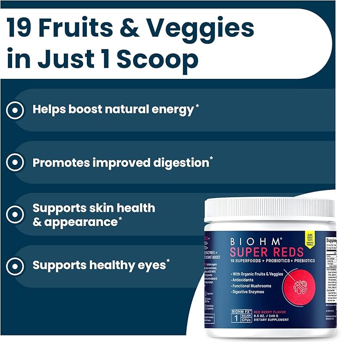 BIOHM Super Reds, Beet Root Powder Antioxidant Beets and Smoothie Mix with Tart Cherry Extract and 19 Red Whole Foods Packed with Prebiotics and Probiotics, Non-GMO, Red Berry Flavor (30 Servings)