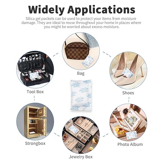 10/20/50 Gram(50 Packs) Moisture Absorbers, Premium Silica Gel Packs, Silica Packets for Storage, Silica Gel Desiccant Packets Food Safe for Moisture Control