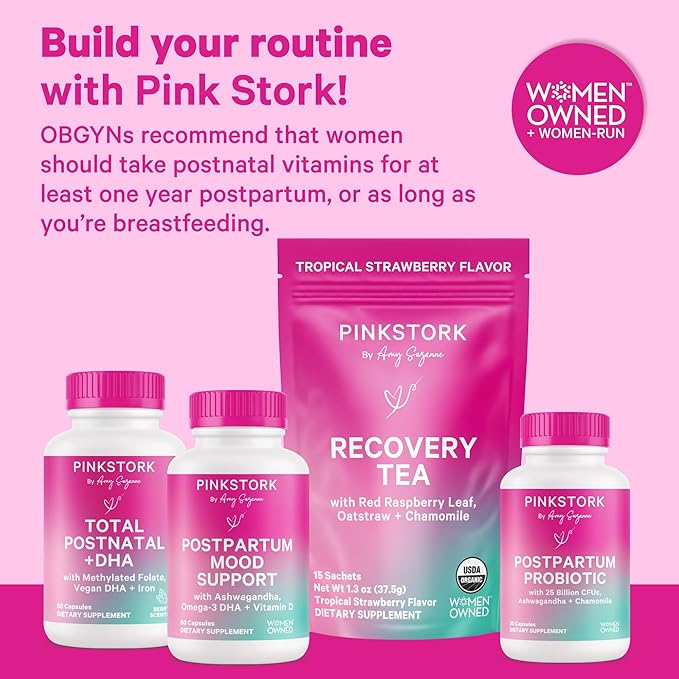 Pink Stork Total Postnatal Vitamins for Women with Vegan DHA, Iron, Folate, and Vitamin B12, Postpartum Recovery Essentials, Daily Supplement for Breastfeeding Moms - 1 Month Supply