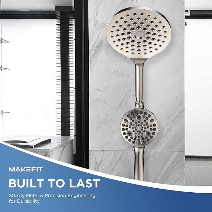 Dual Handheld Shower Head Combo, 2-in-1 Rain Shower Heads System 8 Inch Rainfall Shower Head and 10 Modes High Pressure Hand Held Showerhead with Built-in Power Wash