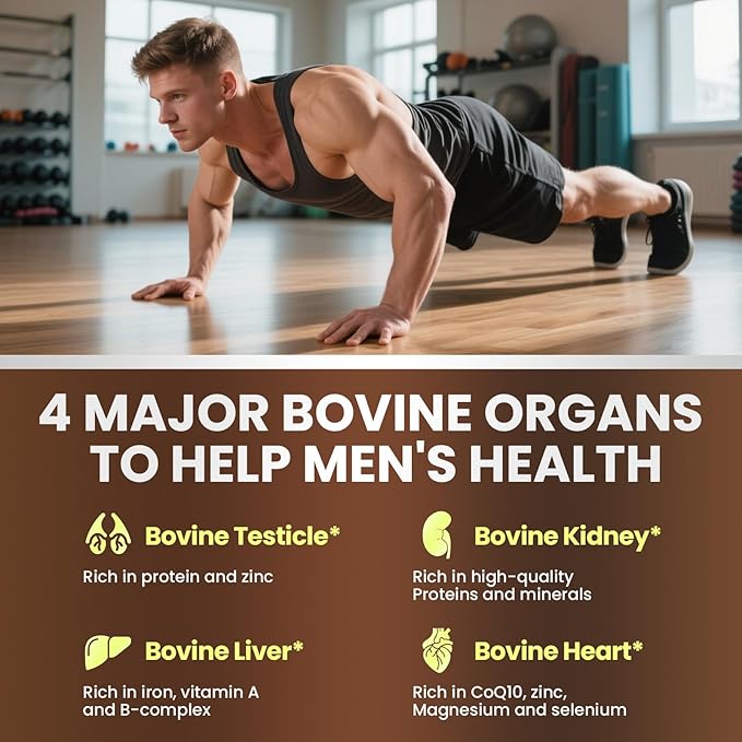 Beef Organ Supplement for Men, 14-in-1 Complex - Beef Liver, Kidney, Heart, Saw Palmetto, Chanca Piedra, Supports Prostate Health, Overall Wellness - Grass Fed & Pasture Raised - 120 Capsules