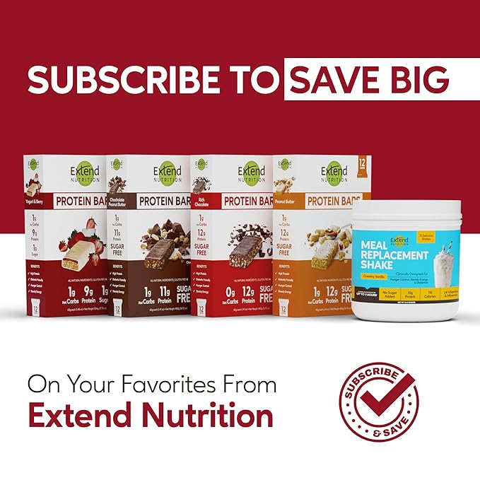 Extend Nutrition 1 Gram Sugar High Protein Bars, Perfect Diabetic Snacks for Adults and Kids, High Protein Bars for Hunger Control & Steady Energy, Low Carb, Keto Friendly, Yogurt and Berry, 12 Count