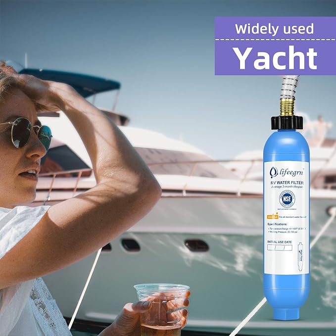 lifeegrn RV Water Filter with Hose Protector, Inline Water Filter, Reduces Bad Taste, Odors, Chlorine and Sediment in Drinking Water, Blue(2 Packs)