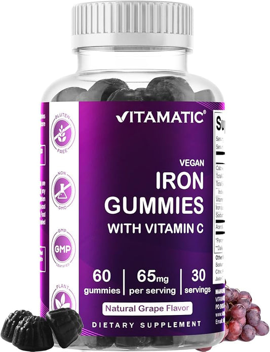 Vitamatic Iron 65 mg Gummies Supplement for Women & Men - 60 Vegan Gummies - Great Tasting Iron Gummy Vitamins with Vitamin C (1)