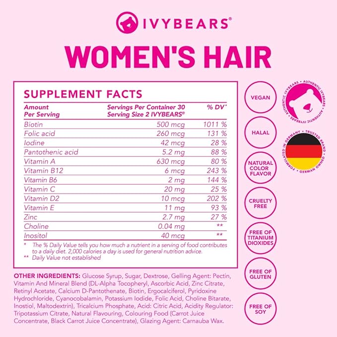 Women’s Hair Vitamin Gummies with Complex Biotin, Collagen, Folic Acid, Vitamin B7, and Keratin for Hair, Skin & Nails - Vegan Hair Growth & 100% Vitamin Boost - 60 Count, 1 Month Supply