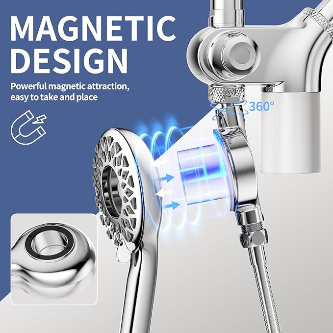 SINGSUO Filtered Rain Shower Head with Handheld Spray Combo, High Pressure Dual Shower Head with Filter for Hard Water, Modern Magnetix Double Shower Head and Handle Set, Adjustable Lift Bar (Chrome)