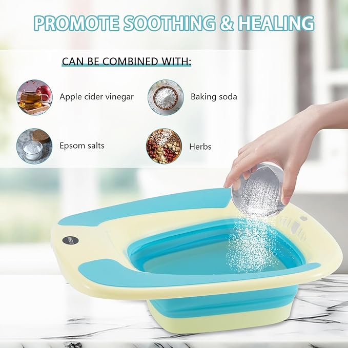 Sitz Bath, Sitz Bath for Hemorrhoids, Sitz Bath for Toilet Seat, Sitz Bath for Postpartum Care, Sits Bath Tub for Women Men Adults, Sitz Bath Soak Salts Basin, Hip Bath Bowl, Foldable, Blue