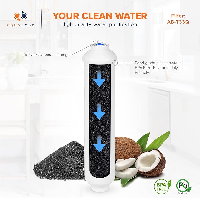 Aquaboon T33 Inline Post Activated Carbon Water Filter for Refrigerator, Ice Maker w/Quick Connect for 1/4 Water Line Compatible with ICF-10, 4-Pack