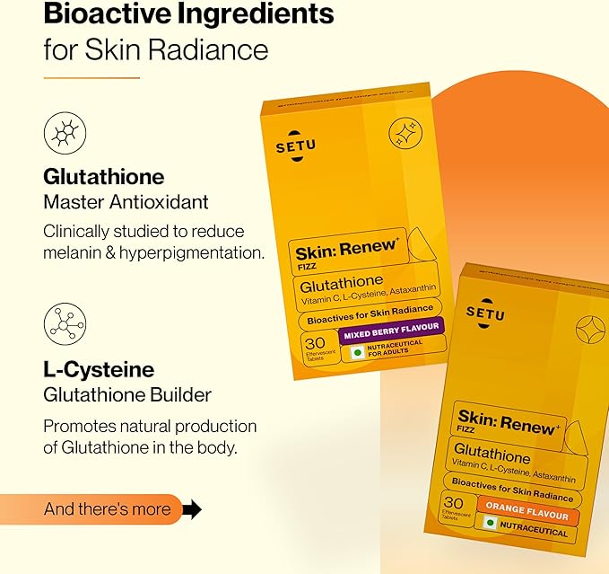 SETU Glutathione Effervescent Tablets with 500mg L-Glutathione & Vitamin C | Sugar-Free Antioxidant Supplement | Mixed Berry & Orange (Pack of 4)