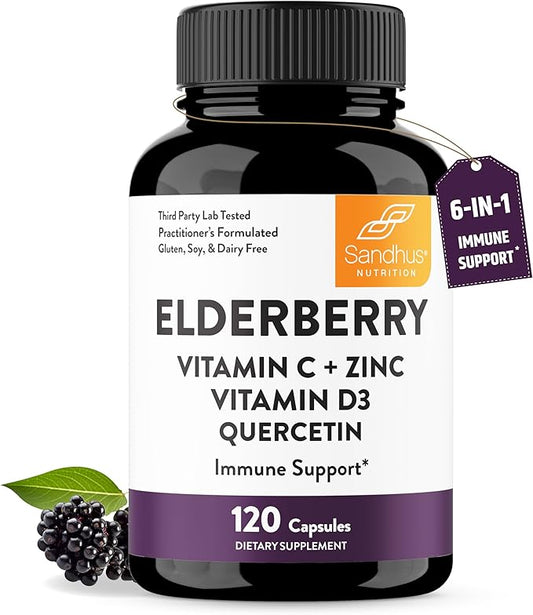 Sandhu's Elderberry Vitamin C Vitamin D3 Goldenseal with Zinc & Quercetin | Capsules for Men & Women | Supports Immune Health | 120 Count (Pack of 1)