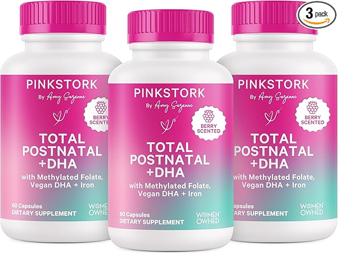 Pink Stork Total Postnatal Vitamins for Women with Vegan DHA, Iron, Folate, and Vitamin B12, Postpartum Recovery Essentials, Daily Supplement for Breastfeeding Moms - 3 Month Supply