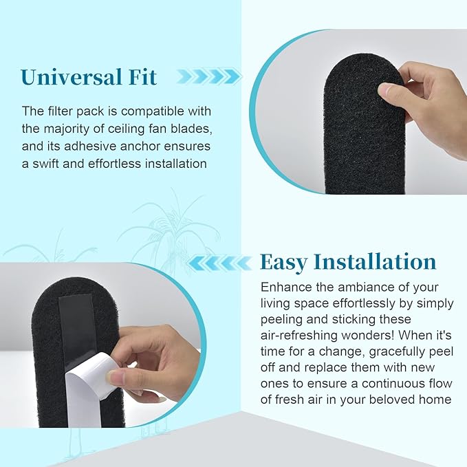 40 Pcs Ceiling Fan Filters for Blades – Fan Air Purifier Pads with Coconut Carbon – Easy-to-Stick Ceiling Fan Filters for Blades – Dust & Odor Removal Fan Blade Air Purifier Pads