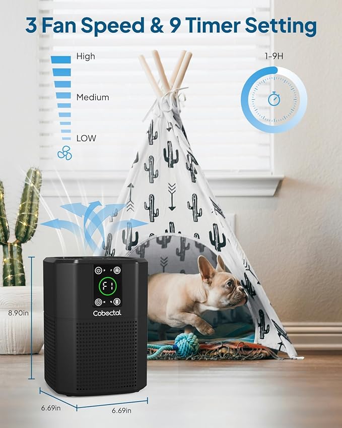 2 Pack Air Purifier for Bedroom Home, Cobectal Room Air Cleaner with 3-in-1 Filter, Aroma Function & Sleep Mode, Timer Setting, Desktop Small Air Purifier for Office, Dorm, Hotel, RVs (Black)