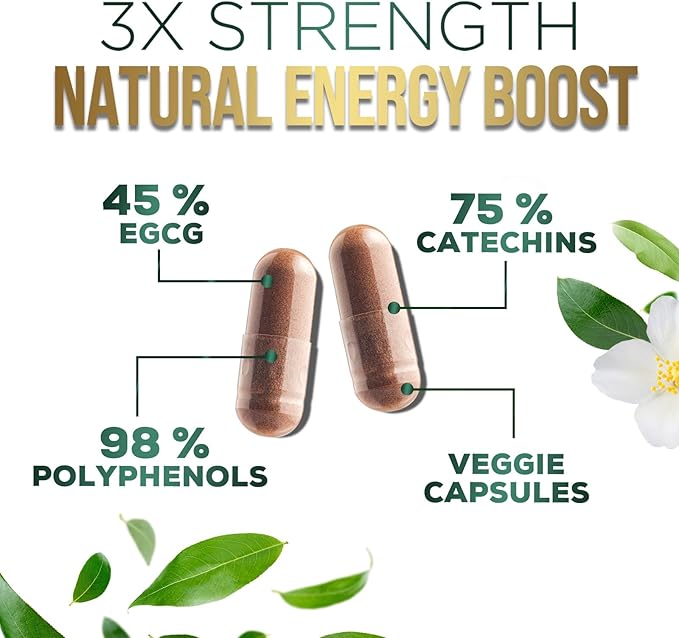 Green Tea Extract Capsules 1000mg with 98% Standardized Polyphenols & 45% EGCG for Heart Support with Antioxidants - 3X Absorption Green Tea Pills for Natural Energy, Gentle Caffeine - 240 Capsules