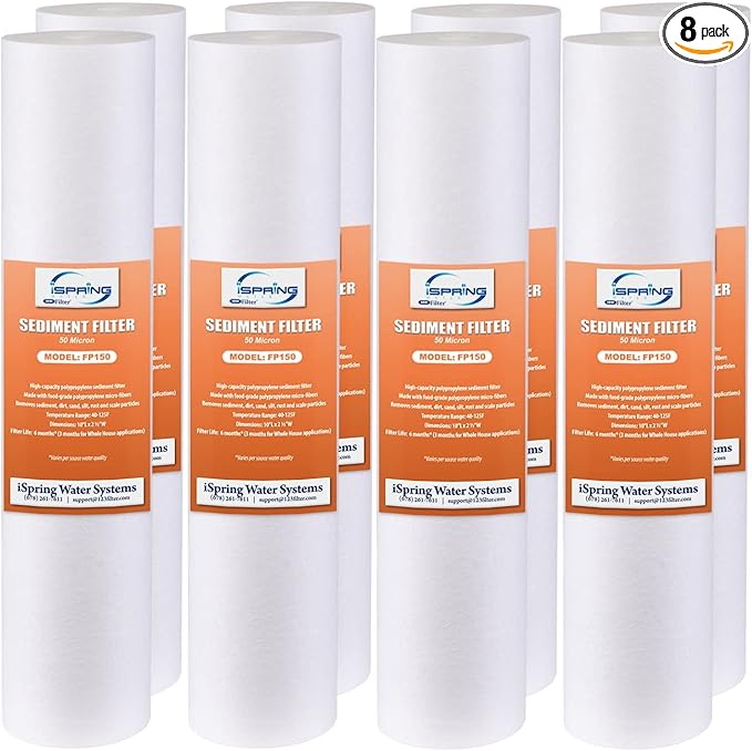 iSpring FP150X8 10"x2.5" Universal Sediment Water Filter Replacement Cartridges, 50 Micron Multi-layer Sediment Filter, 8 Pack