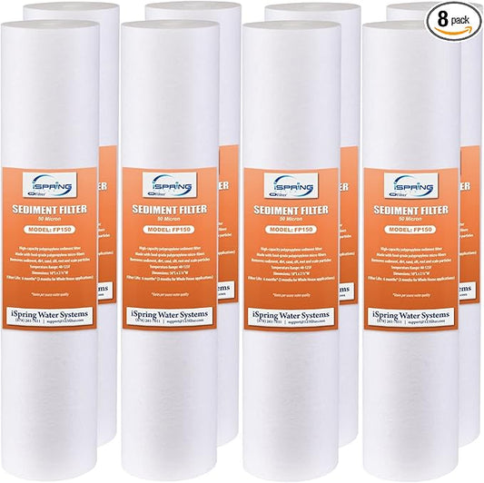 iSpring FP150X8 10"x2.5" Universal Sediment Water Filter Replacement Cartridges, 50 Micron Multi-layer Sediment Filter, 8 Pack