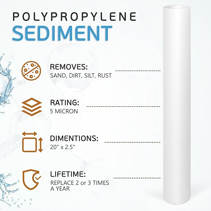 Ronaqua 5 Micron Standard 20" x 2.5" Sediment Water Filter Cartridge, NSF Certified, 4-Layer Filtration for 20” x 2.5” Whole House Systems, Compatible with FPMB5-20, SDC-25-2005/4, VX05-20, 10 Pack