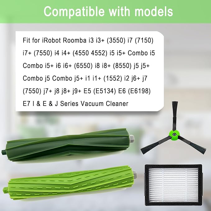 Replacement Parts for iRobot Roomba E5 E6 E7 i2 i3 i3+i4 i4+ i5 i5+ i6 i6+ i7 i7+ i8 i8+/Plus i1 E i j Series Robot Vacuum,2 sets of multi-surface roller brushes 8 filters 8 side brushes