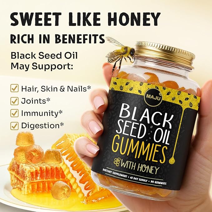 MAJU's Black Seed Oil Gummies with Honey 90ct, 500mg BSO Gummy, Black Cumin Seed Nigella Sativa Oil, Cold-Pressed, Potent Formula, 90ct (3-Pack)