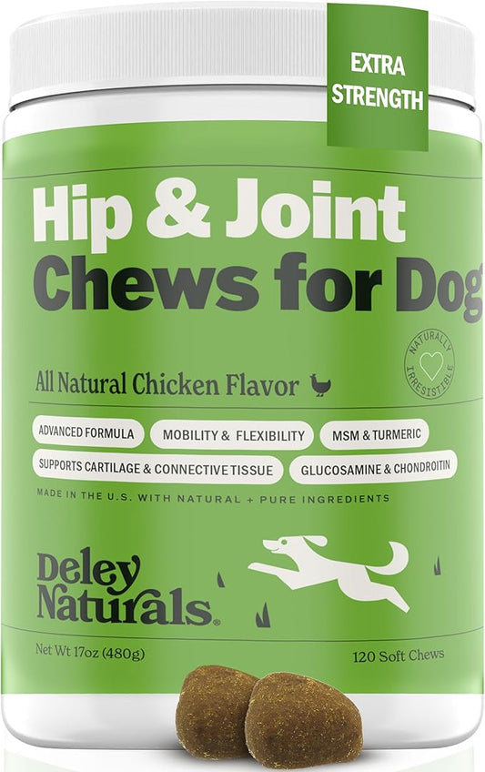 Deley Naturals Hip and Joint Supplement for Dogs - Glucosamine for Dogs with MSM, Turmeric, Chondroitin & Collagen Supplements - Joint Support Chews for Mobility, Flexibility & Comfort - 120 Chews