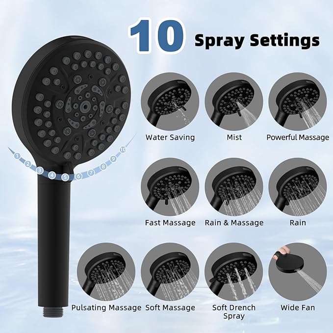 iFealClear Metal Rain Shower Head, 10” High Pressure Rainfall Shower Head with Handheld Spray Combo, 10-Spray Handheld Built-in Power Wash, 16" Shower Extension Arm, 3-Way Diverter, Matte Black