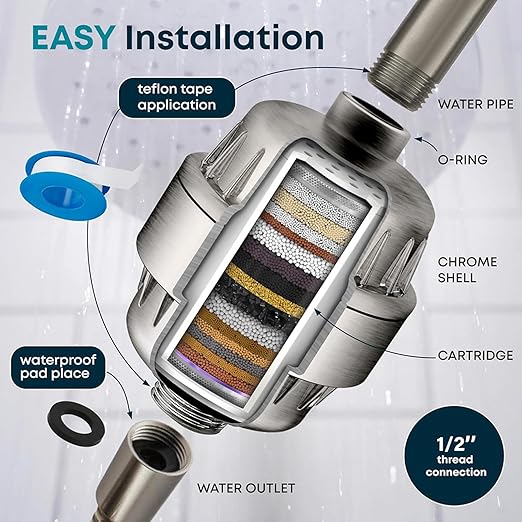 30 Stage Shower Filter Shower Head Filter High Output Softener Reduces Dry Skin Chlorine Odors Chrome