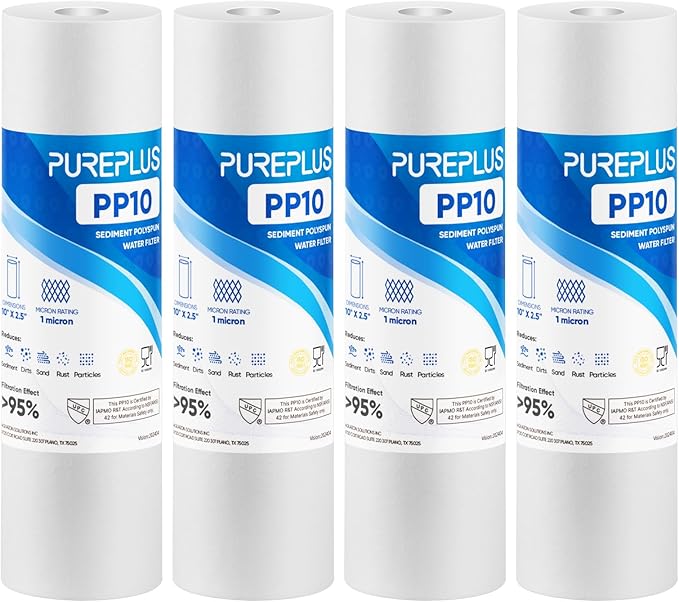 PUREPLUS 1 Micron 10" x 2.5" Whole House Sediment Home Water Filter Cartridge Replacement for Any 10 inch RO Unit, Culligan P5, Aqua-Pure AP110, Dupont WFPFC5002, CFS10, WHKF-G05, 4Pack