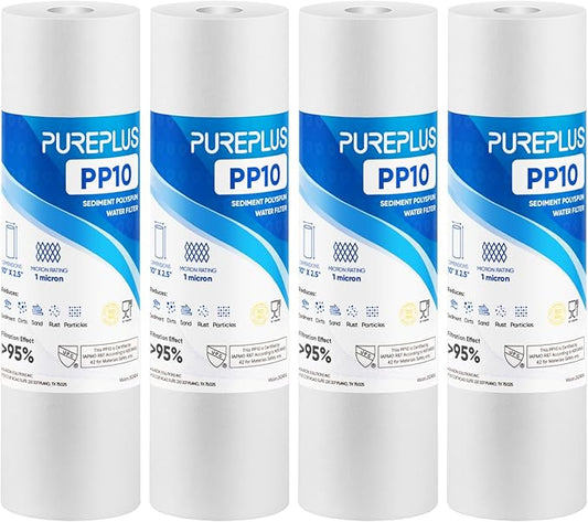 PUREPLUS 1 Micron 10" x 2.5" Whole House Sediment Home Water Filter Cartridge Replacement for Any 10 inch RO Unit, Culligan P5, Aqua-Pure AP110, Dupont WFPFC5002, CFS10, WHKF-G05, 4Pack