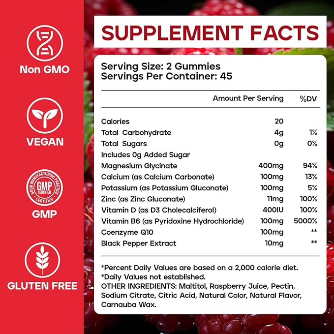 Magnesium Glycinate Gummies 400mg, Sugar Free Calm Magnesium Gummies for Women with Calcium, Vitamin D, B6, Zinc for Sleep, Mood and Muscle Support, 90 Count