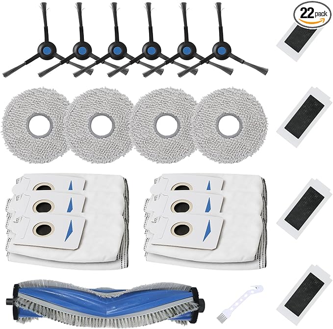 22 Pack Accessories Kit Only for ECOVACS DEEBOT T30S Series (T30S Pro/AI/CARE/AI Care) Robot Vacuum Replacement Parts, 6 Side Brushes, 4 Mop Pads, 6 Dust Bags, 1 Main Brush, 4 Filters, 1 Tool brush