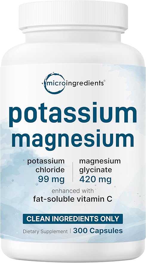 Pure Potassium Supplement with Magnesium Glycinate, 300 Capsules | Enhanced with Fat-Soluble Vitamin C | Chloride + Glycinate Mineral Electrolyte Complex | Only Active Ingredients | Filler Free
