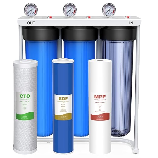 SimPure Whole House Water Filter System, 3 Stages Clear Home Water Pre-Filtration with Carbon Sediment and KDF Filters, Reduce Iron, Chlorine, Manganese, Lead...(DB20P-3KDF)