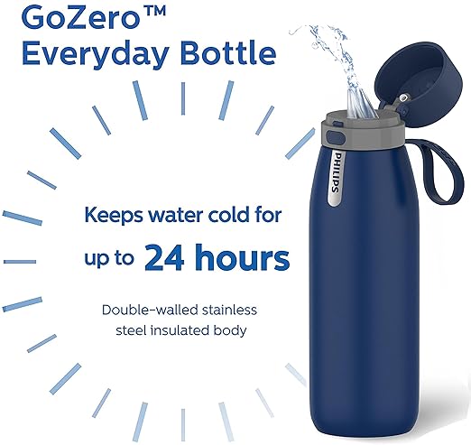 PHILIPS Water Bottle with Filter, Filter Water Bottle Stainless Steel with GoZero Everyday BPA-Free Tap Water Filter, Water Filter Bottle Keep Drink Cold 24 Hours, 1 Filter for 40 gal / 2 Months