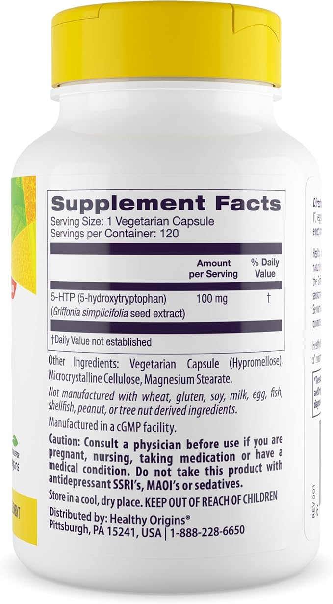 Healthy Origins - 5-HTP 100mg, 120 Veggie Capsules, (5-Hydroxytryptophan), Non-GMO, Gluten-Free, Vegan