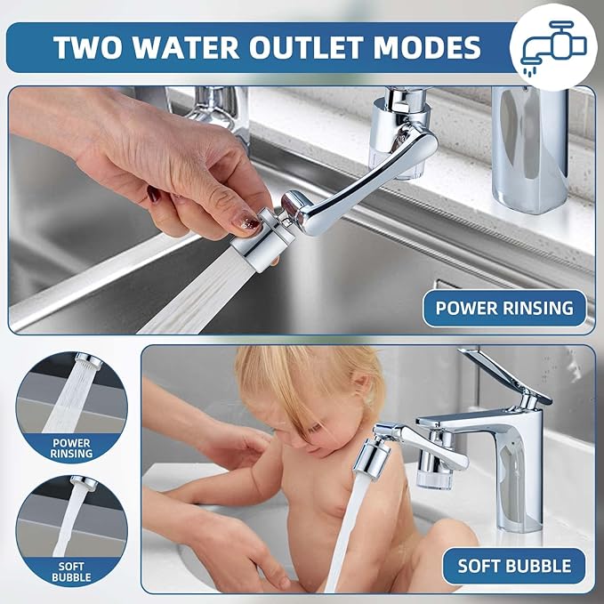 1080°Swivel Filter Faucet Extender Aerator - 8 Pcs Replacement Water Filter, 1080°+360°Rotating Robotic Arm 2 Mode Splash Filter, Solid Brass Faucet Sprayer Universal For Bathroom Kitchen Laundry Sink