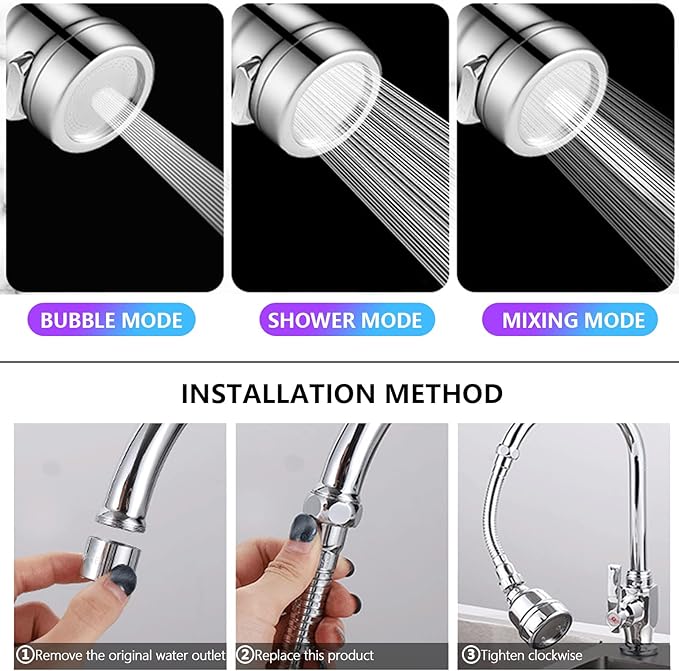3 Pieces Kitchen Tap Head Fucet Aerator, 360 Degree Rotatable 3 Mode Adjustable Faucet Extender Kitchen Faucet Head Replacement for Bathroom Kitchen