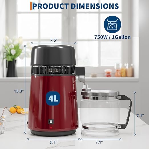 GarveeHome Water Distillers for Home Countertop, 1Gal/4L Stainless Steel Distilled Water Machine with Glass Container, 750W Desktop Drinking Purifier Filter Distilling Kit, Red