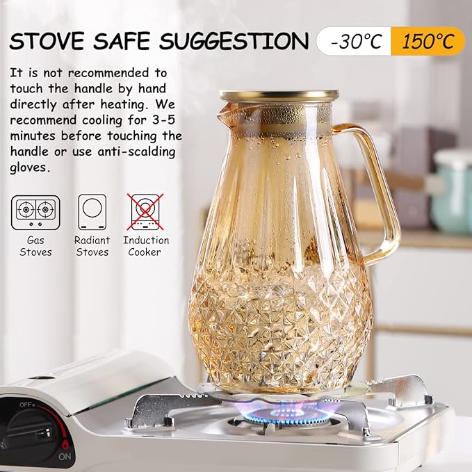 Glass Pitcher With Lid, Amber Color, Diamond Pattern, Borosilicate Glass, Stainless Steel Lid, Glass Kettle for Tea, Milk, Hot and Iced Beverages, 2000ml, 68oz, WONCRYS