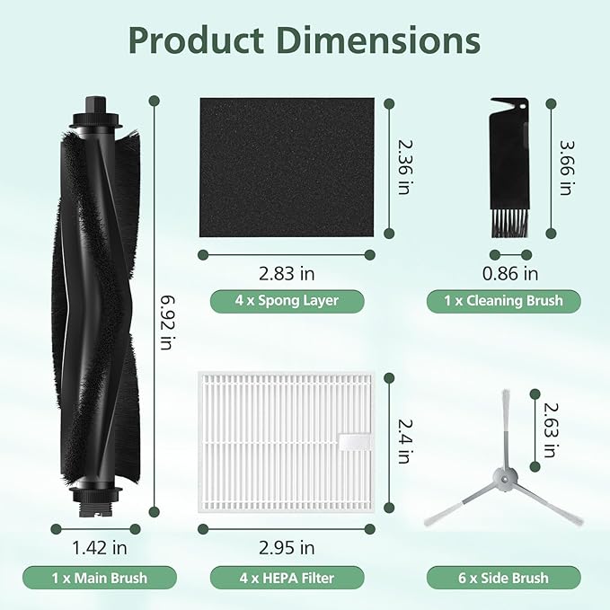 12 Pack Replacement Accessories kit Compatible with eufy L60/ L60 SES/ L50/ L50 SES Robot Vacuum Replacement Parts (1 Pack Roller Brush+4 Pack Filter & Sponge+6 Pack Side Brush+1 Cleaning Kit)