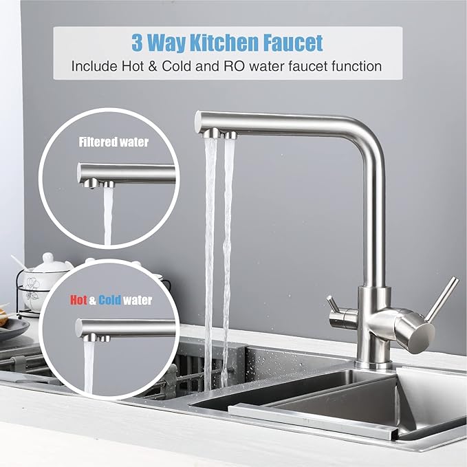 HUAHUALALA Kitchen Sink Faucet with 2 Handle 3 in 1 Water Filter Purifier Swivel Faucets, Brass Drinking Water Faucet Reverse Osmosis Faucet,Brushed Nickel