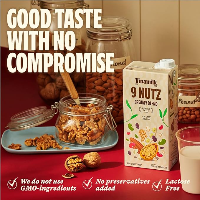 Vinamilk 9 Nutz Creamy Blend | Pack 6 | Oat Almond Walnut + Whole Soy Beans, Plant Based Milk, 33.8 Fl Oz Each, Light Sweet, Shelf Stable - Lactose Free, Dairy Free, Glyphosate Free