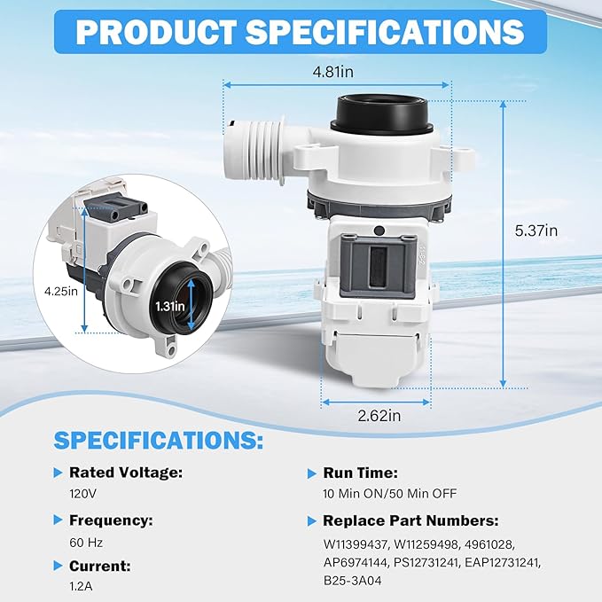 W11399437 W11259498 Washer Drain Pump B25-3A04 Compatible with Whirlpool Kenmore Maytag Crosley Washing Machine Drain Pump Replacement Parts 4961028 AP6974144 PS12731241 EAP12731241