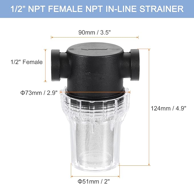 uxcell Pressure Washer Filter 1/2" NPT Female Thread, Inline Mesh Strainer Attachment, Stainless Steel Screen with Sealant Tape for Outdoor Gardening Inlet Water (Size:40 Mesh)