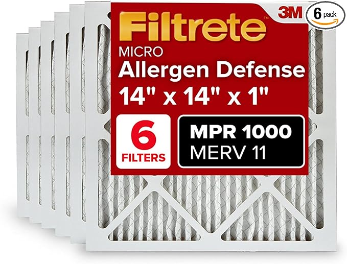 Filtrete 14x14x1 AC Furnace Air Filter, MERV 11, MPR 1000, Micro Allergen Defense, 3-Month Pleated 1-Inch Electrostatic Air Cleaning Filter, 6 Pack (Actual Size 13.81x13.81x0.81 in)