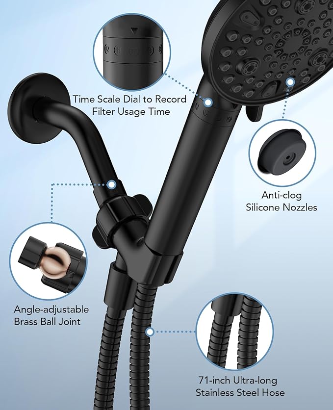 Handheld Shower Head with Filter Matte Black - High Pressure 10 Spray Modes Filtered Shower Head with Hose, Bracket and Hard Water Shower Filters to Remove Chlorine and Heavy Metals