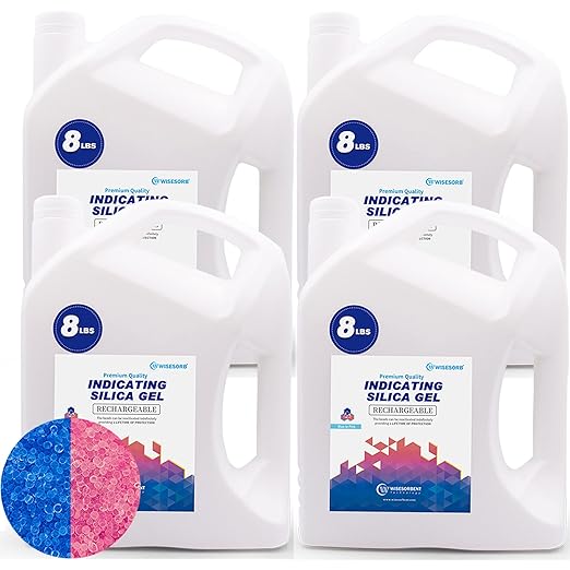 [Net Weight 32LBS] Blue Indicating Silica Gel Beads Desiccants - Rechargeable Desiccant Beads Silica Beads (Blue to Pink, 4 Packs of 8LBS)