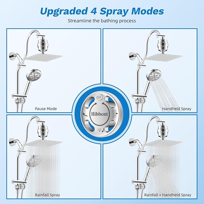 Hibbent Dual Filter All Metal 10"Rainfall Showerhead Combo, High Pressure Filter Shower Head with 10-Spray Mode Handheld, Innovative 4-way Diverter with Pause Mode, 71'' Shower Hose and Holder, Chrome