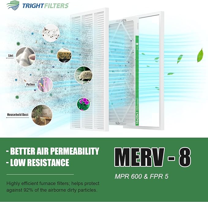 16x25x1 Air Filter 6 Pack, Durable MERV 8 Pleated Home HVAC AC Furnace Filters, Lightweight Compact Air Conditioner Filter Replacement