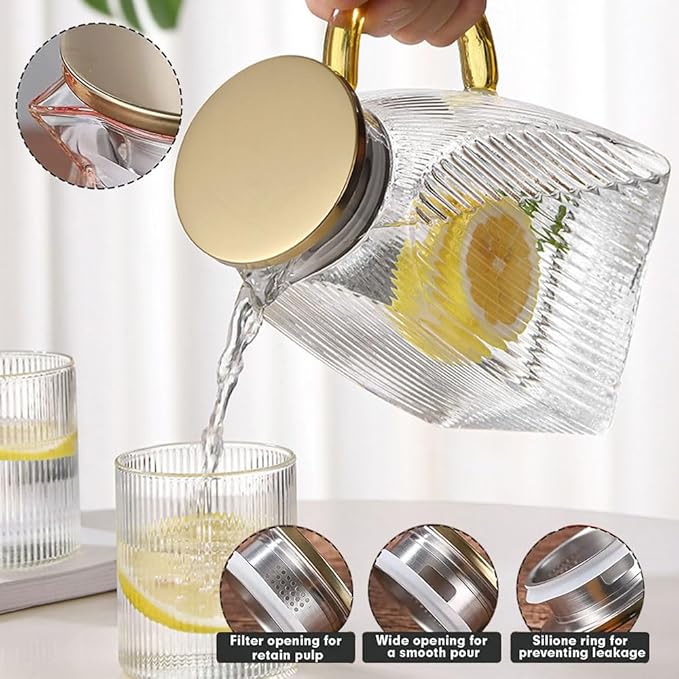 Glass Pitcher with Stainless Steel Gold Lid - 1.8L Ideal Fridge Door Water Pitcher for Hot or Cold Beverage, Iced Tea, Juice, Milk, Coffee, Lemonade